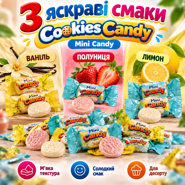 Цукерки Cookies Candy Mini Candy 1 кг м’які солодощі фруктово-ванільне асорті смаки ванілі полуниці лимона кондитерські цукерки SHANTOU SWEET CAREER FOODS - зображення 2