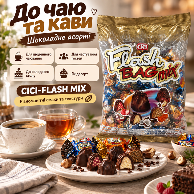 Шоколадні цукерки CICI-FLASH MIX 1 кг асорті з молочним смаком цукерки з начинкою фундуком повітряним рисом карамельними вершковими нотками ELVAN - зображення 3