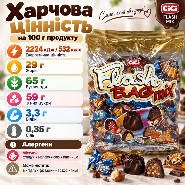 Шоколадні цукерки CICI-FLASH MIX 1 кг асорті з молочним смаком цукерки з начинкою фундуком повітряним рисом карамельними вершковими нотками ELVAN - зображення 4
