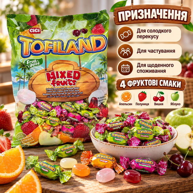 Жевательные конфеты JEST TOFILAND MIX 1 кг фруктовое ассорти мягкие желейные конфеты с фруктовыми соками вкусы апельсин клубника вишня яблоко ELVAN - изображение 4