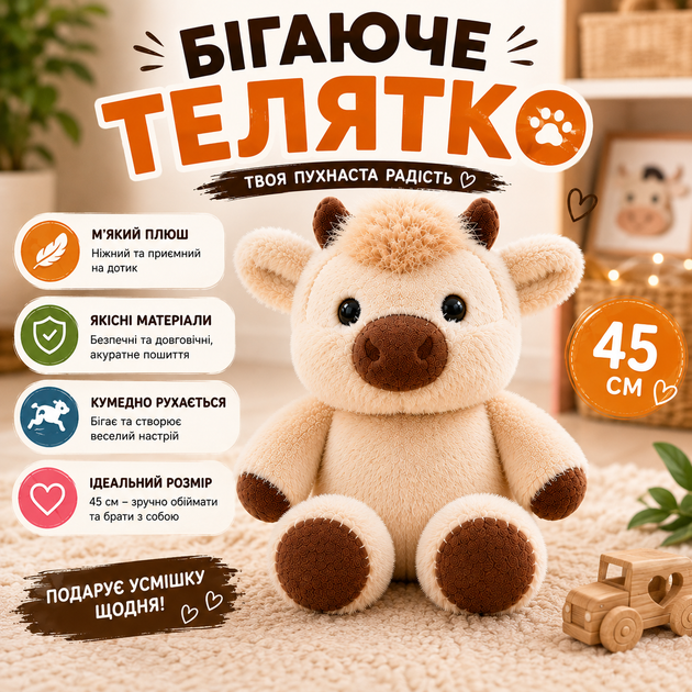 Мягкая интерактивная игрушка Бегающий телёнок 45 см, плюшевый телёнок который двигается, бычок который бегает - Фото 1 Мягкая интерактивная игрушка Бегающий телёнок 45 см, плюшевый телёнок который двигается, бычок который бегает - изображение 1