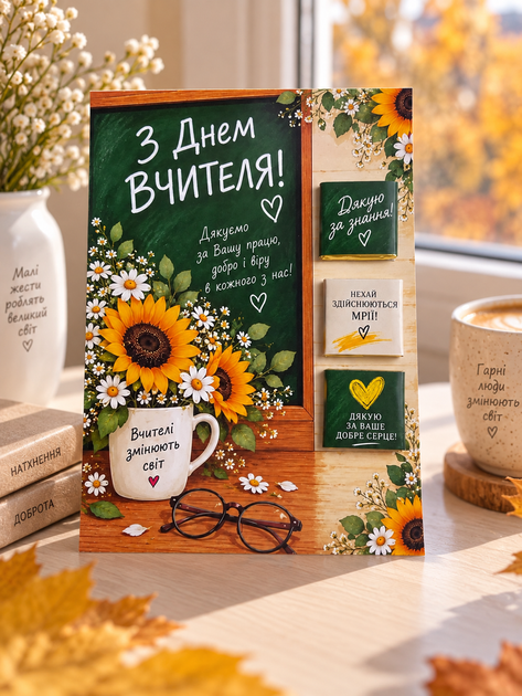 Большая открытка с 3 шоколадками на День учителя Школьная доска (черный шоколад) - изображение 2