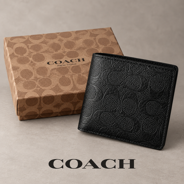 Чоловічий гаманець Coach чорний з монограмою, складний гаманець Коач, портмоне Коуч у фірмовій коробці - Фото 1 Чоловічий гаманець Coach чорний з монограмою, складний гаманець Коач, портмоне Коуч у фірмовій коробці - зображення 1
