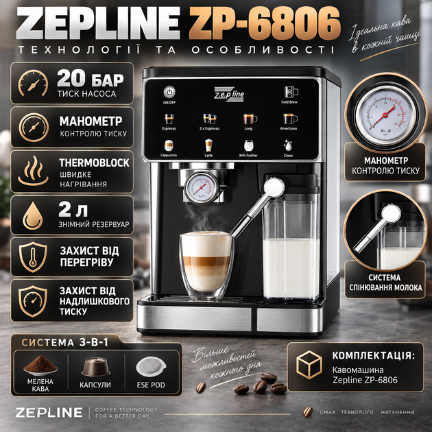 Кавомашина Zepline ZP-6806 3000 Вт 20 бар кавоварка 3 в 1 для меленої кави капсул ESE Pod з системою спінювання молока функцією Espresso Cool термоблоком манометром резервуаром 2 л захистом від перегріву та надлишкового тиску - зображення 2