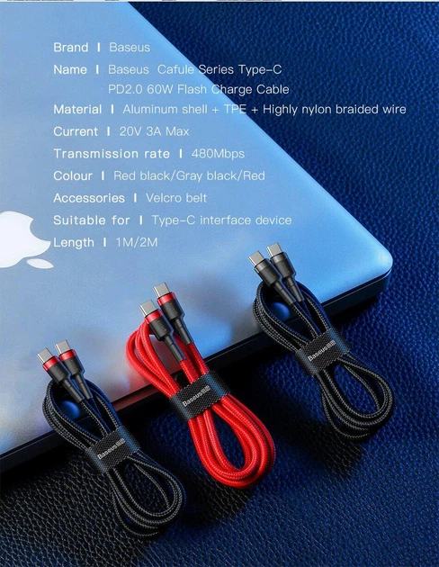 Кабель Baseus Cafule Type-C to Type-C 60W PD 2.0 (480 Мбит/с) 2m Черный/Красный (CATKLF-H91) - изображение 14