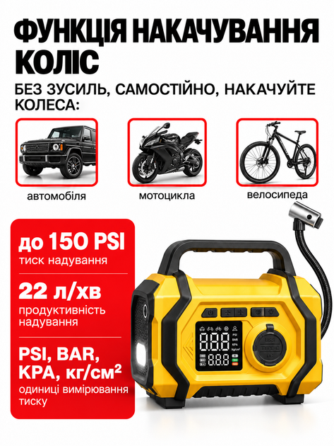 Портативний компресор 80 Вт, акумулятор 8000 мАг, 150 PSI, LED-дисплей, ліхтарик, Power Bank - изображение 2