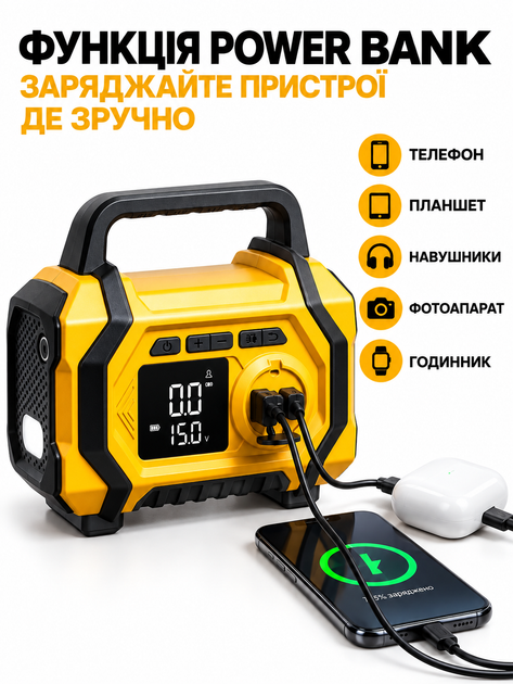 Портативний компресор 80 Вт, акумулятор 8000 мАг, 150 PSI, LED-дисплей, ліхтарик, Power Bank - изображение 4