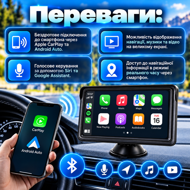 Автомобильный экран CarPlay 7 дюймов Apple Android Auto MirrorLink Bluetooth 5.1 - изображение 3