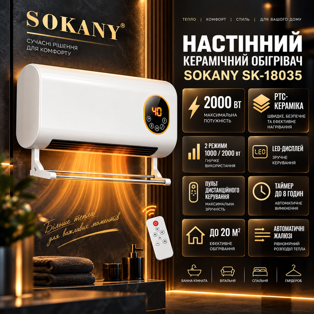 Керамический тепловентилятор SOKANY SK-18035 настенный 2000 Вт обогреватель для комнаты 20 м² с дистанционным управлением LED дисплеем таймером 8 ч термостатом автоматическими жалюзи защитой от перегрева - Фото 1 Керамический тепловентилятор SOKANY SK-18035 настенный 2000 Вт обогреватель для комнаты 20 м² с дистанционным управлением LED дисплеем таймером 8 ч термостатом автоматическими жалюзи защитой от перегрева - изображение 1