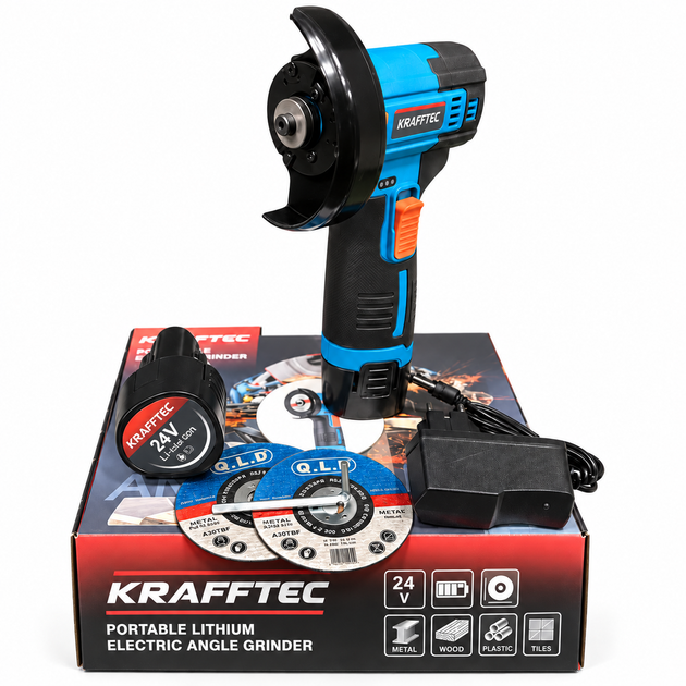 Бесщеточная аккумуляторная болгарка Krafftec Угловая шлифовальная машина с Li-Ion аккумулятором 24V/2Ah Шлифмашина в кейсе 18500 об/мин - изображение 2
