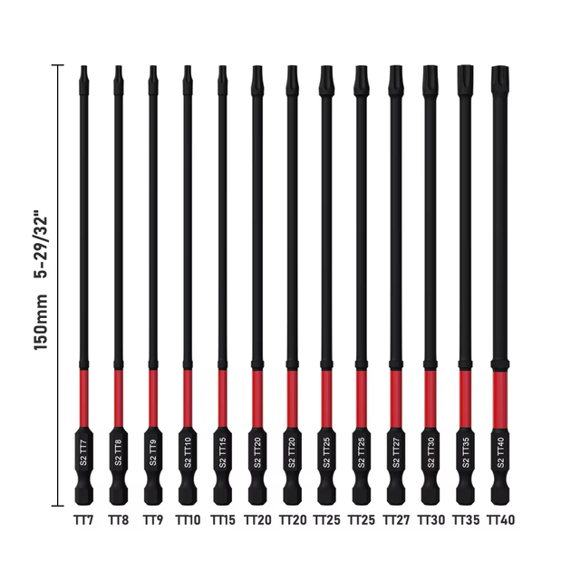 Набір біт Torx з отвором (TT) подовжених TT7–TT40 150 мм з тримачем 13 шт. (червоні) - Фото 2 Набір біт Torx з отвором (TT) подовжених TT7–TT40 150 мм з тримачем 13 шт. (червоні) - зображення 2