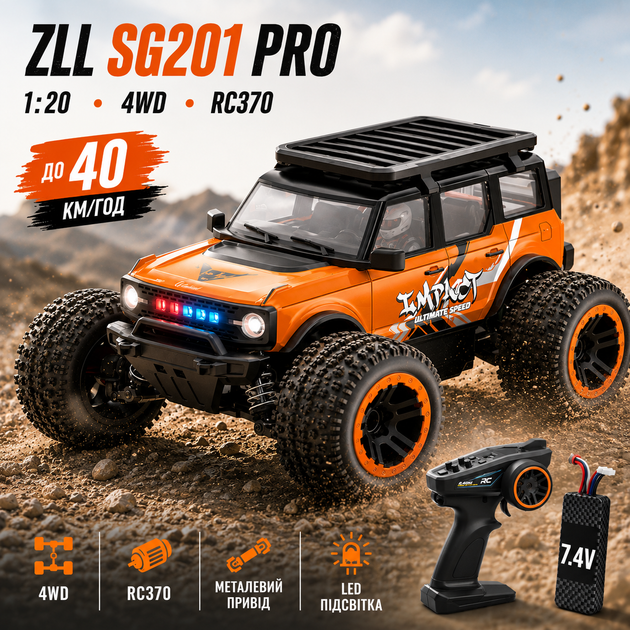 Радиоуправляемая машинка ZLL SG201 PRO 1:20 4WD на пульте управления до 40 км/ч, RC внедорожник, монстр-трак, вездеход, аккумулятор - изображение 9
