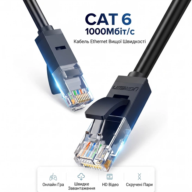 Кабель патч-корд UGREEN NW102 Cat 6 U/UTP Lan Flat Cable 15m (Black) - Фото 8 Кабель патч-корд UGREEN NW102 Cat 6 U/UTP Lan Flat Cable 15m (Black) - изображение 8