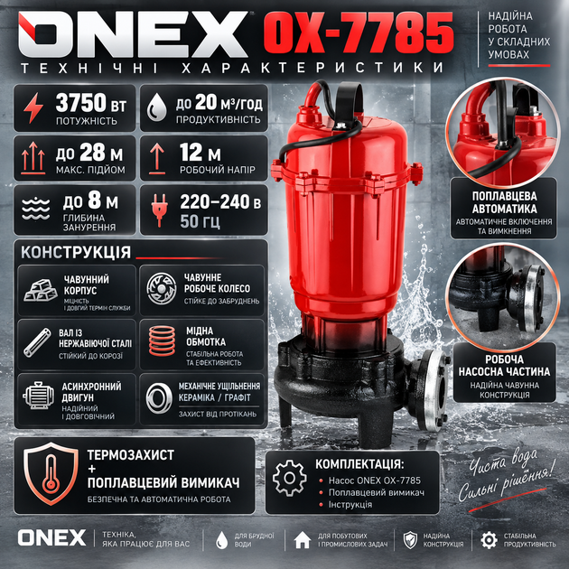 Дренажно-фекальный насос ONEX OX-7785 3750 Вт погружной насос для канализации грязной воды септика выгребной ямы с измельчителем поплавком чугунным корпусом 20 м³/ч высота подъема 28 м глубина погружения 8 м - изображение 3