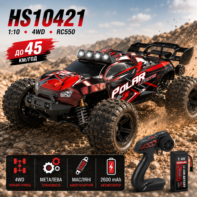 Радиоуправляемая машинка HS10421 HS10422 1:10 4WD до 45 км/ч, RC внедорожник на пульте управления, Monster Truck, большие колеса, двигатель RC550, аккумулятор 7.4V - изображение 7