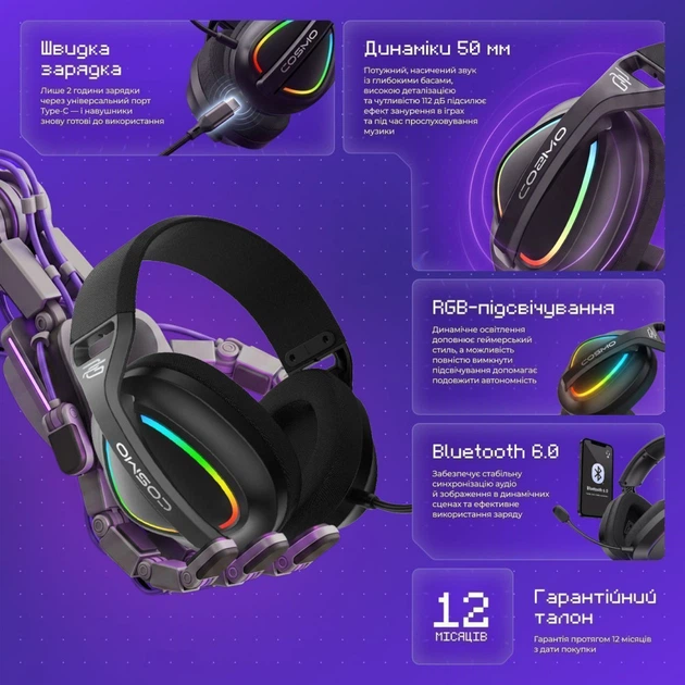 Беспроводная игровая гарнитура Proove Gaming Cosmo (APP) white/purple - изображение 7