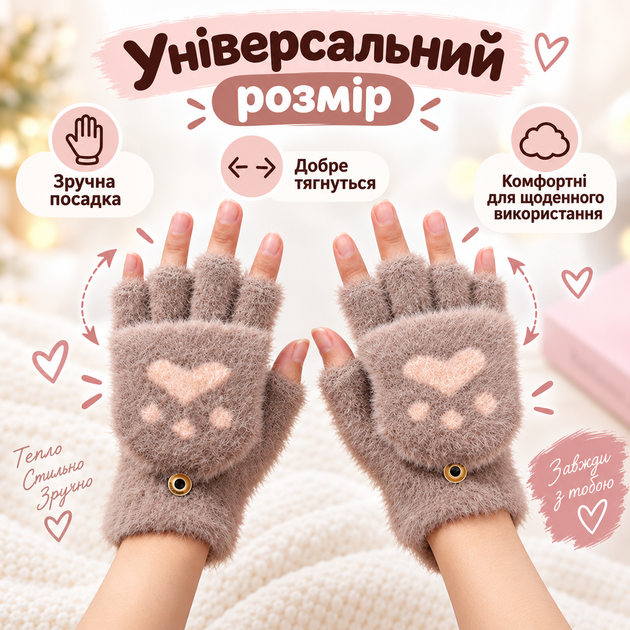 Рукавички жіночі хутряні з відкидною рукавицею, плюшеві мітенки-трансформери «Котяча лапка», one size світло-коричневі KT9003010 - зображення 3