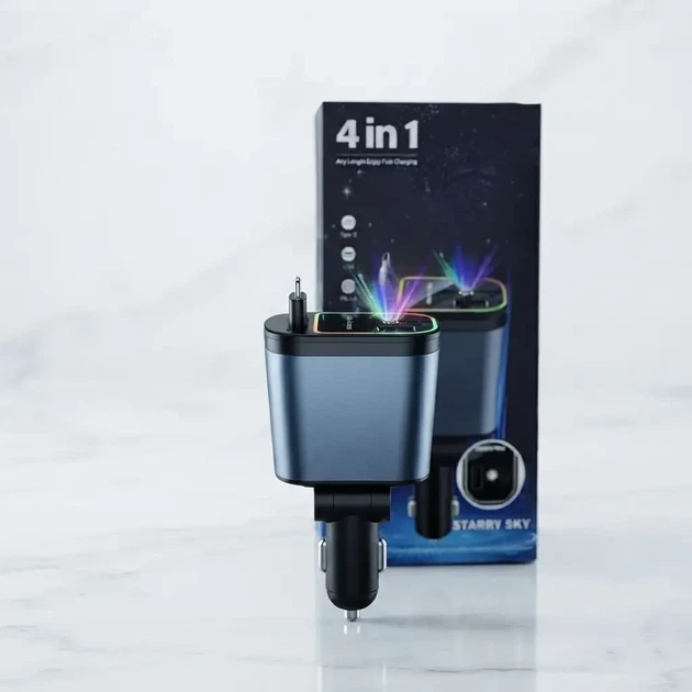 Автомобильное зарядное устройство 4 в 1 с быстрой зарядкой, USB портами и подсветкой «Звездное небо» 26X-204 - Фото 2 Автомобильное зарядное устройство 4 в 1 с быстрой зарядкой, USB портами и подсветкой «Звездное небо» 26X-204 - изображение 2