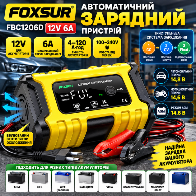 Автоматичний зарядний пристрій Foxsur FBC1206D 12V 6A для автомобільних та мотоциклетних акумуляторів, жовтий - зображення 2