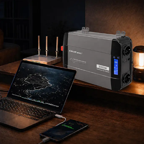 Инвертор для дачи Инвертор 12 В 230 В 1500/3000 Вт с LCD-дисплеем и USB-C с чистой синусоидой Qoltec - изображение 5