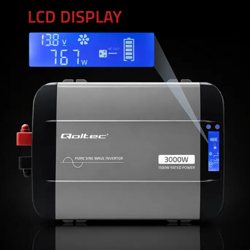 Инвертор для дачи Инвертор 12 В 230 В 1500/3000 Вт с LCD-дисплеем и USB-C с чистой синусоидой Qoltec - изображение 9