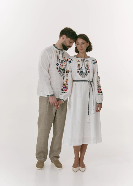 Жіноча вишита весільна сукня Motyv Дерево роду біла з кольоровою вишивкою — лляна сукня для нареченої | Розмір S - изображение 3