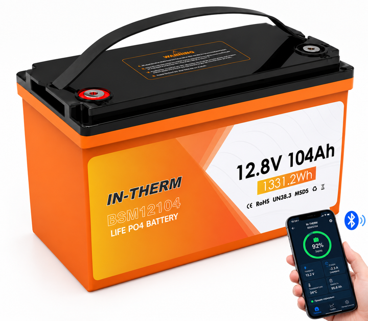 Акумулятор IN-THERM/BLUESUN LiFePO4 12.8 V 104 Ah 1331.2 Wh з Bluetooth - Фото 1 Акумулятор IN-THERM/BLUESUN LiFePO4 12.8 V 104 Ah 1331.2 Wh з Bluetooth - зображення 1