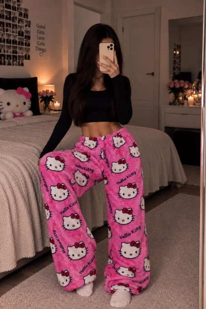 Теплі плюшеві штани Hello Kitty унісекс рожеві| М'які піжамні флісові штани Хелло Кітті XL - зображення 5