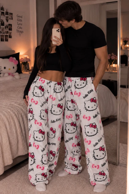 Теплі плюшеві штани Hello Kitty унісекс білі| М'які піжамні флісові штани Хелло Кітті XL - Фото 1 Теплі плюшеві штани Hello Kitty унісекс білі| М'які піжамні флісові штани Хелло Кітті XL - зображення 1