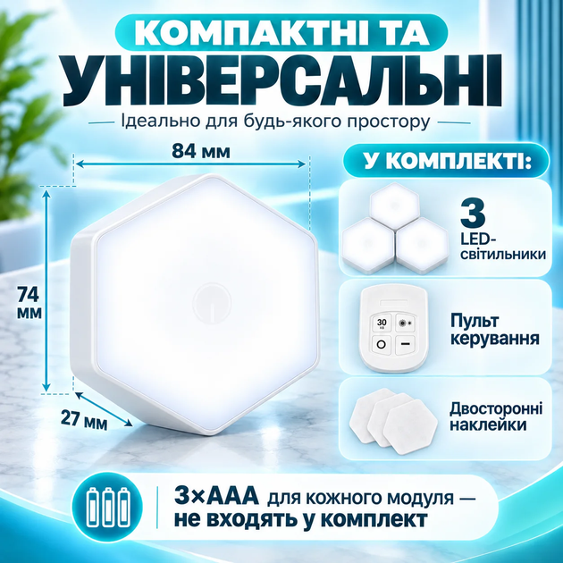 Лампа модульная с пультом управления шестигранная светодиодная набор 3ШТ LED BRS White - изображение 7