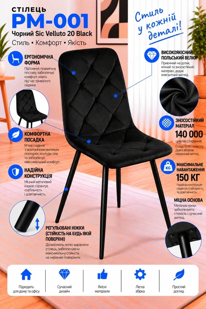 Стул/кресло на кухню PM-001 Perfect Home Черный Польша Sic Velluto 20 Black - изображение 2