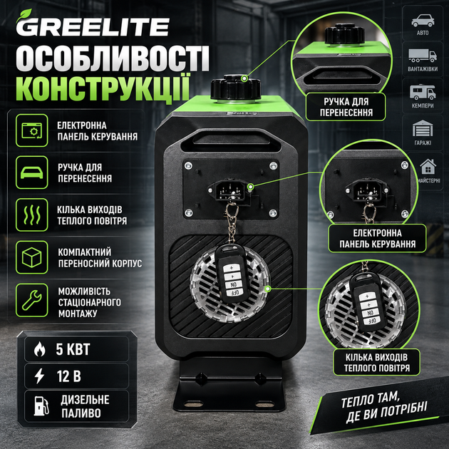 Автономный отопитель 5 кВт дизельный воздушный Greelite 12 В обогреватель для автомобиля автономка переносной нагреватель салона кабины микроавтобуса грузовика прицепа кемпера спецтехники лодки - изображение 2