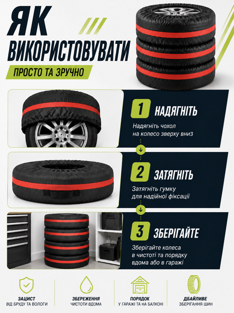 Чехлы для хранения автомобильных колес и шин R13 - R20 комплект 4 шт черные с красными ремнями - Фото 6 Чехлы для хранения автомобильных колес и шин R13 - R20 комплект 4 шт черные с красными ремнями - изображение 6