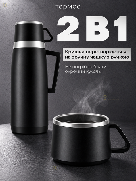 Термос со стеклянной колбой 500 мл для чая и кофе, дорожный термос с крышкой-чашкой до 24 часов, черный - изображение 4