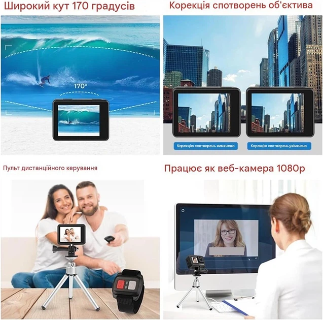Экшн-камера Action Cam с двумя экранами, водозащитным боксом, аккумулятором 1050 мАч и набором креплений для спорта, велосипеда - изображение 3