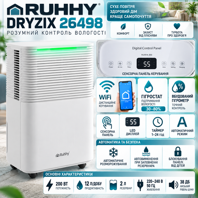 Влагопоглотитель Ruhhy DRYZIX 26498 осушитель воздуха 12 л/24 ч 200 Вт для помещений до 30 м² с WiFi управлением гигрометром гигростатом резервуаром 2 л авторазморозкой дисплеем 38 дБ - изображение 3