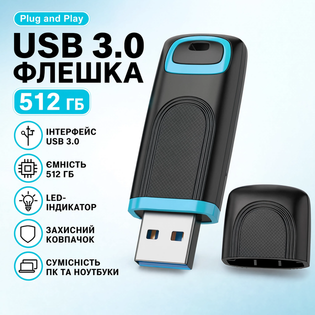 Флешка накопитель USB 3.0 RAOYI 512 GB со светодиодным индикатором и защитным колпачком высокоскоростная USB флеш карта памяти для ПК и ноутбука Голубая - Фото 1 Флешка накопитель USB 3.0 RAOYI 512 GB со светодиодным индикатором и защитным колпачком высокоскоростная USB флеш карта памяти для ПК и ноутбука Голубая - изображение 1