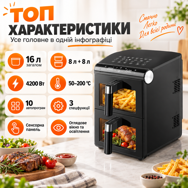 Двухкамерная аэрофритюрница Zepline ZP-212 4200 Вт 16 л 2×8 л мультифритюрница сенсорная мультипечь аэрогриль без масла 13 программ - изображение 5
