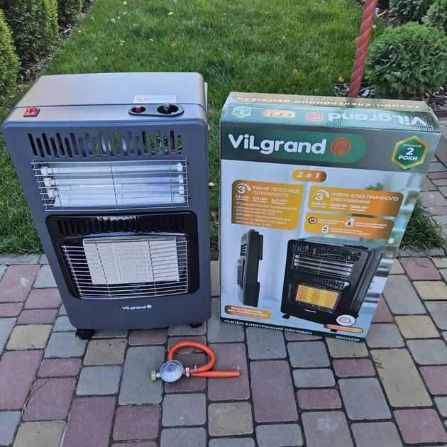 Инфракрасный обогреватель ViLgrand VGH422E 4200 Вт с газовым баллоном 12 л, электронагревом 1500 Вт, редуктором и шлангом - изображение 8