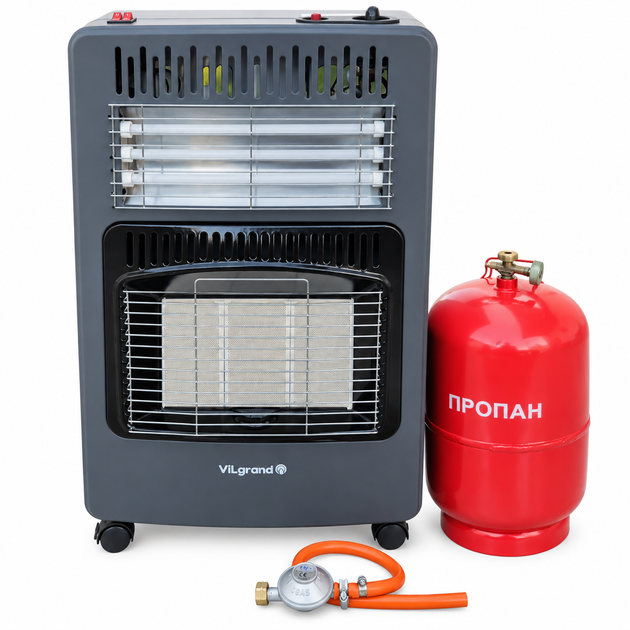 Инфракрасный обогреватель ViLgrand VGH422E 4200 Вт с газовым баллоном 12 л, электронагревом 1500 Вт, редуктором и шлангом - изображение 11