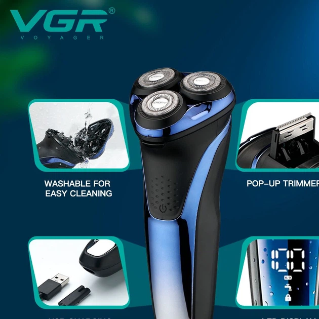 Электробритва мужская VGR V-306 роторная аккумуляторная водонепроницаемая IPX7 с LED дисплеем для сухого и влажного бритья - изображение 4