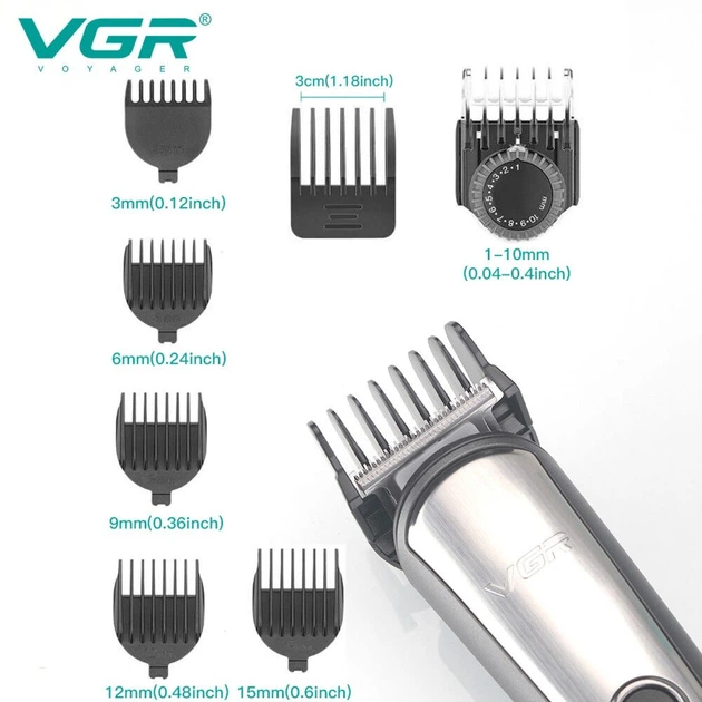 Машинка для стрижки волос и бороды VGR V-105 6в1, мужской триммер аккумуляторный, 5 насадок, LED дисплей, влагозащита - изображение 6