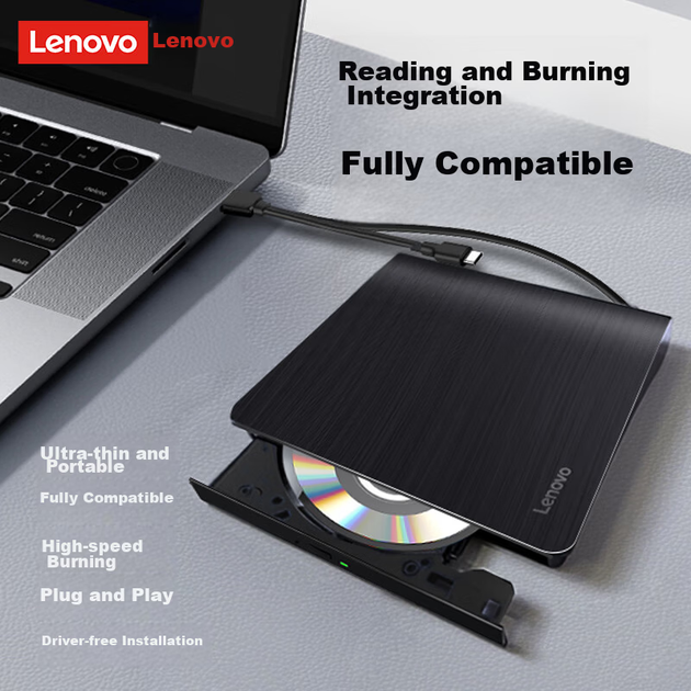 Внешний DVD-привод Lenovo 8X DVD-записывающее устройство с разъемом Type-C и USB 2.0, портативный DVD-привод. - изображение 4