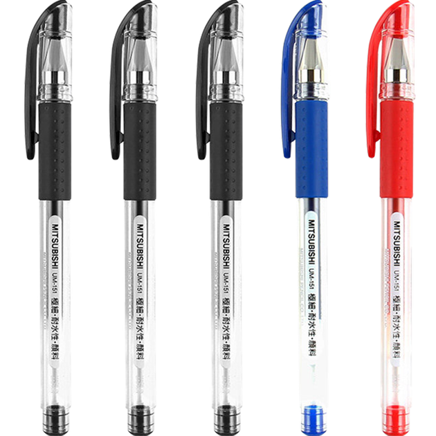 Ручка Uni Mitsubishi UMR-151 Financial Pen 0.38mm Student Gel Pen (сменный стержень UMR-1), разные цвета (3 черных, 1 синий, 1 красный), упаковка из 5 штук. - изображение 4