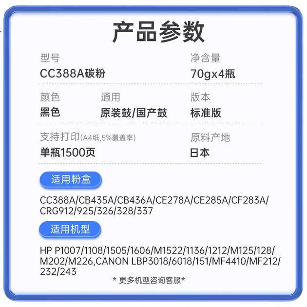 Тонер-картридж Laisheng CC388A, упаковка з 4 шт., сумісний з HP 1007, 1008, 1505, 1566, 1606, 1106, M1522, 1136, Canon LBP3018, 3108, 3250, 6200, порошковим - изображение 2