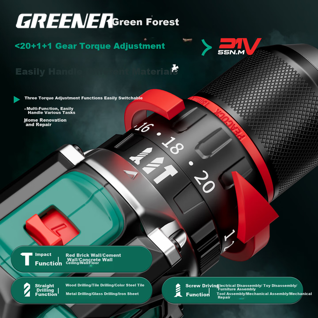 Аккумуляторная бесщеточная ударная дрель GREENER 21 В, бытовой, с литиевой батареей, электрическая отвертка, многофункциональная, для сверления стен, высокая мощность 55 Н·м, с двумя батареями. - изображение 7