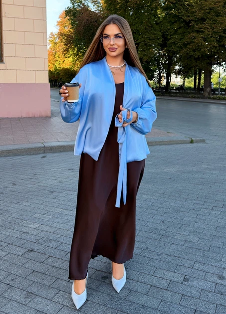 Блуза жіноча шовкова на запах з поясом (04426102) Блакитний 60-62 - Фото 4 Блуза жіноча шовкова на запах з поясом (04426102) Блакитний 60-62 - зображення 4
