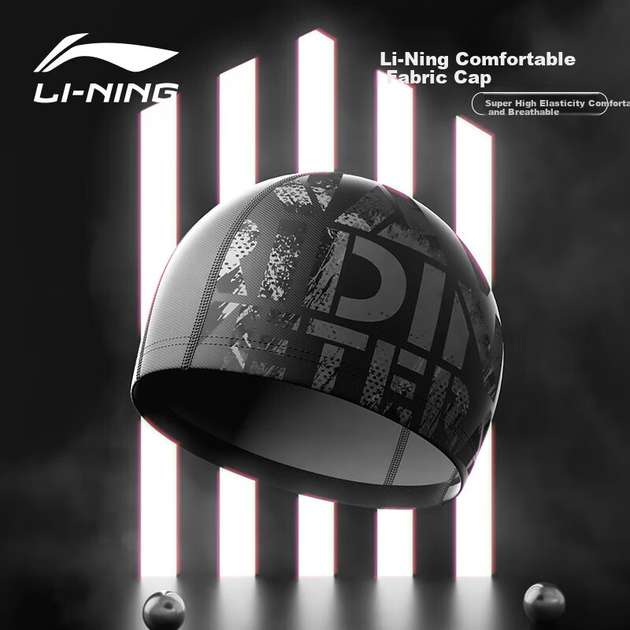 Плавательная шапочка Li-Ning для мужчин и женщин, удобная тканевая шапочка для плавания, подходит для длинных волос, стильная защита ушей, не сдавливающая, с принтом, модель 6631, черная. - Фото 4 Плавательная шапочка Li-Ning для мужчин и женщин, удобная тканевая шапочка для плавания, подходит для длинных волос, стильная защита ушей, не сдавливающая, с принтом, модель 6631, черная. - изображение 4
