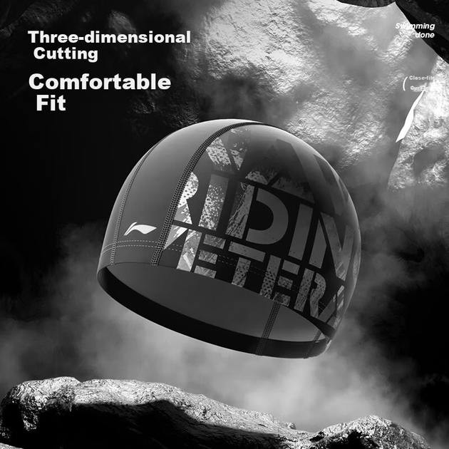Плавательная шапочка Li-Ning для мужчин и женщин, удобная тканевая шапочка для плавания, подходит для длинных волос, стильная защита ушей, не сдавливающая, с принтом, модель 6631, черная. - Фото 5 Плавательная шапочка Li-Ning для мужчин и женщин, удобная тканевая шапочка для плавания, подходит для длинных волос, стильная защита ушей, не сдавливающая, с принтом, модель 6631, черная. - изображение 5