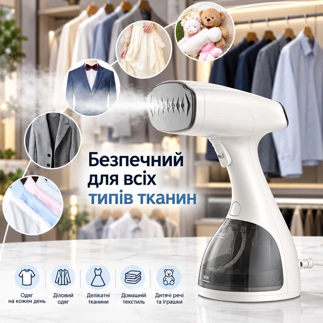 Профессиональный ручной отпариватель для одежды Tasbudy UHA-QH09 (белый, 1500W, 120°C, 2.5 бар, керамическая подошва, резервуар 300 мл) - изображение 4